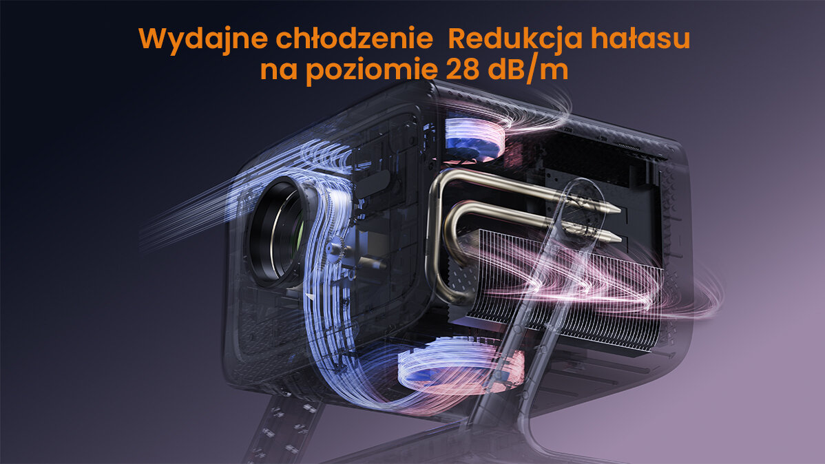 WANBO Vali 1 projektor cicha praca 28 dB komfort oglądania, przekrój projektora na ciemnym tle
