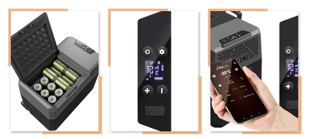 Lodowka YOLCO BCX40 Carbon Panel sterowania z czytelnym ekranem nadajnik Bluetooth 5.0 aplikacja Yolco zalety polkrywa antyposlizgowa