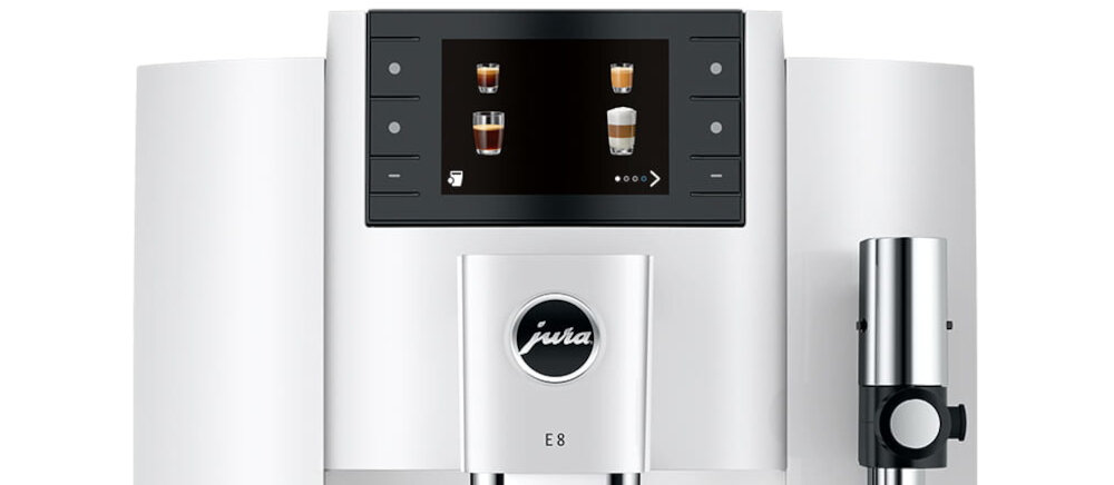 Ekspres JURA E8 Piano White (ED 2025) Komfort w zasięgu dotyku Kolorowy wyświetlacz 3.5” z intuicyjnym menu i bocznymi przyciskami kawa ułatwienie wybór Kolorowe oznaczenia smak wygoda komfort