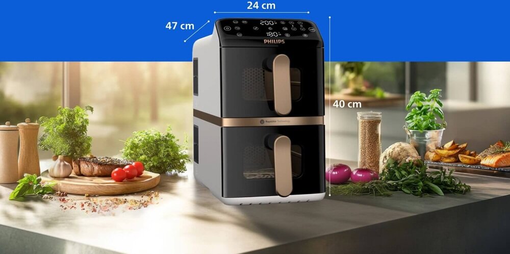 Air Fryer Frytkownica beztłuszczowa PHILIPS Ovi Dual Basket NA462-80 dwie potrawy w jednym czasie, dwa pojemne kosze, oszczędność czasu i energii