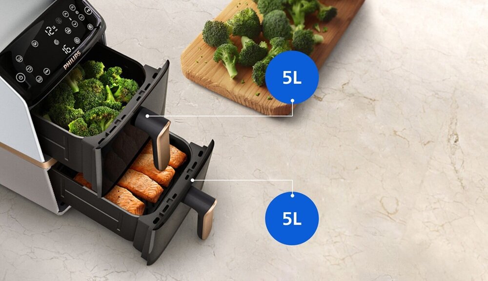 Air Fryer Frytkownica beztłuszczowa PHILIPS Ovi Dual Basket NA462-80 pionowa konstrukcja, mniej zajmuje miejsca na blacie, więcej przestrzeni