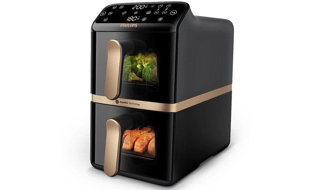 Air Fryer Frytkownica beztłuszczowa PHILIPS Ovi Dual Basket NA462-80 wbudowane okna podglądu, stabilna temperatura, kontrola nad pieczeniem