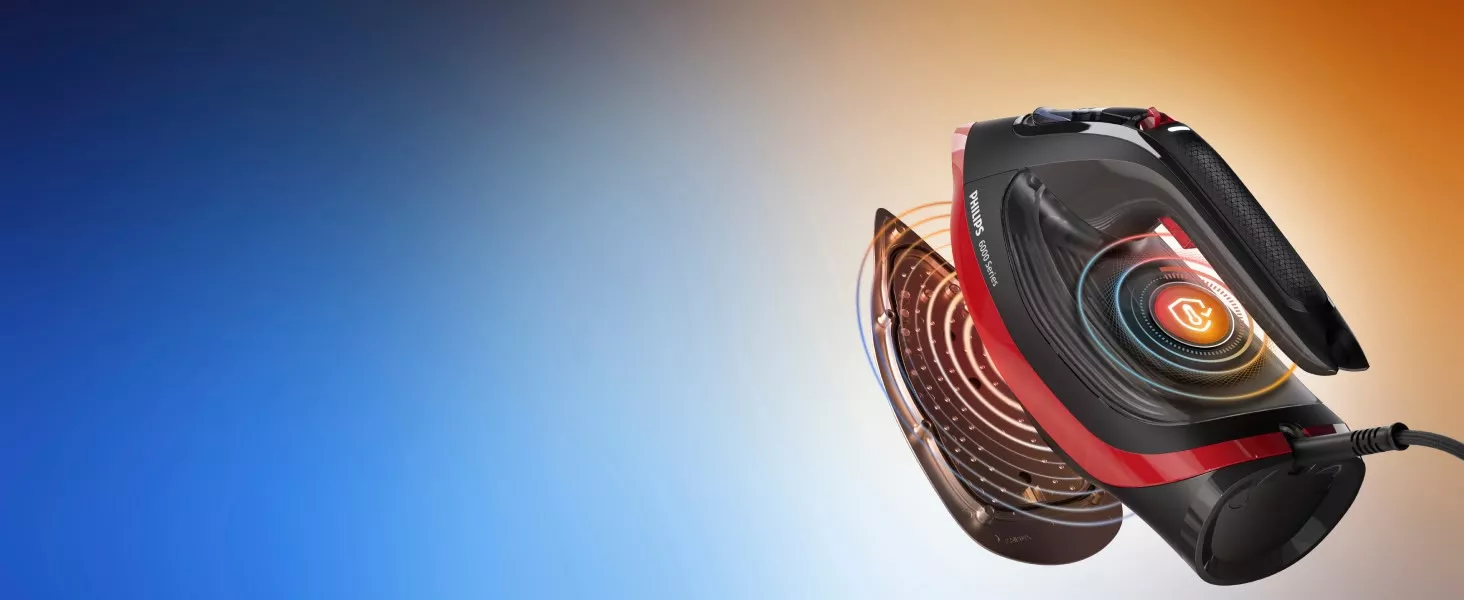 Obraz przedstawia żelazko z widocznym logo \'PHILIPS 6000 Series\' na tle gradientu przechodzącego od niebieskiego do pomarańczowego. Żelazko ma nowoczesny design z czarnymi i czerwonymi elementami oraz widoczną stopą grzewczą.