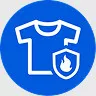 Ikona przedstawia biały t-shirt z tarczą z płomieniem na niebieskim tle.