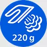 Niebieska ikona przedstawiająca symbol pary i napis \'220 g\'.