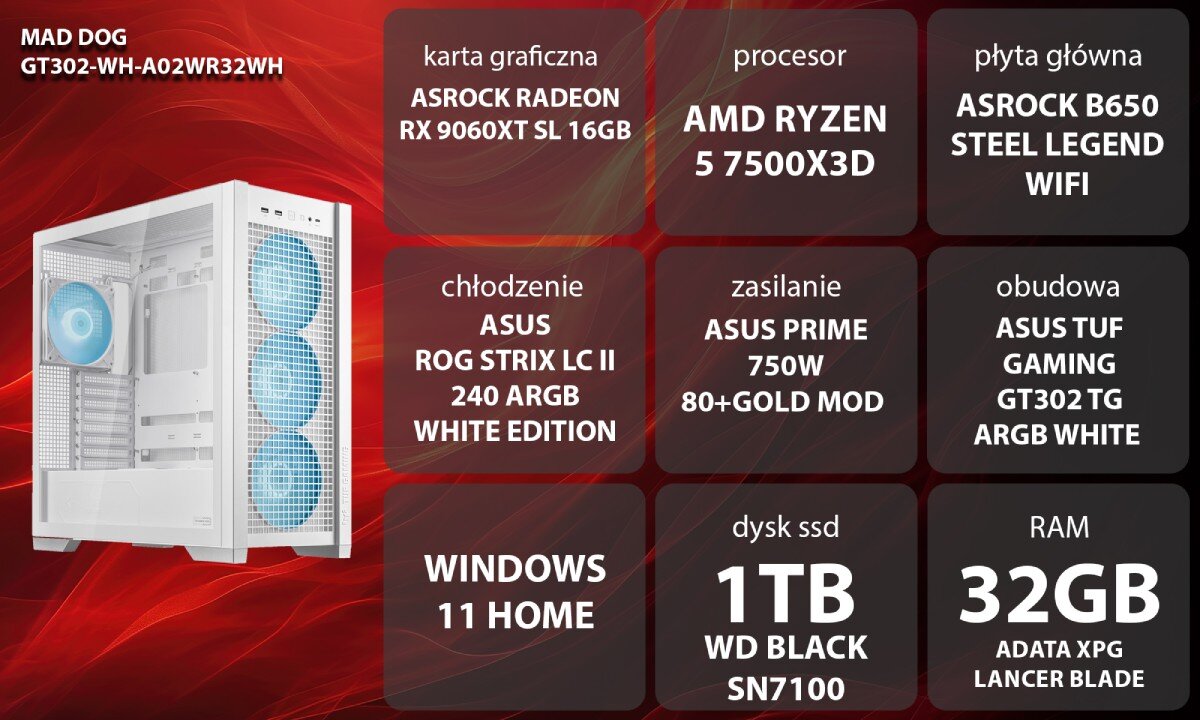 Komputer MAD DOG GT302-A02WR32WH Grafika przedstawiająca specyfikację komputera, z podziałem na podzespoły. W lewej części znajduje się model komputera, a obok niego informacje o podzespołach, opis