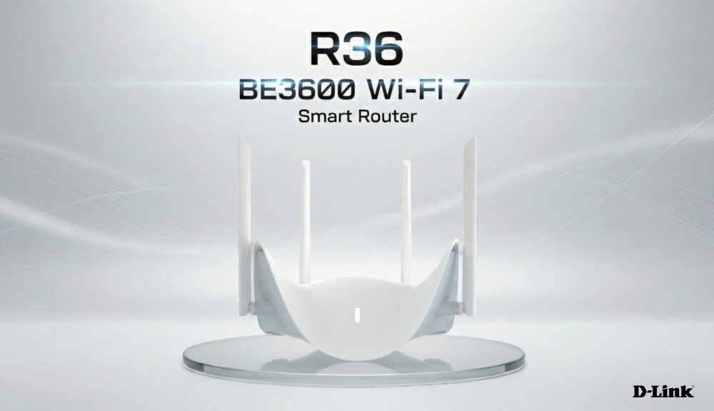 Router D-LINK Aquila Pro AI R36 Biały router z czterema pionowymi antenami na okrągłej podstawie, nad którym widnieją napisy informujące o modelu oraz standardzie Wi-Fi 7