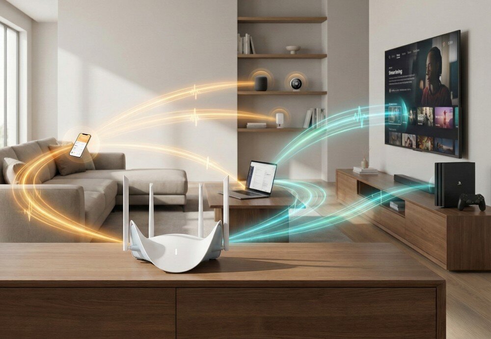 Router D-LINK Aquila Pro AI R36 Biały router stojący na drewnianej szafce w salonie, od którego rozchodzą się kolorowe fale w stronę smartfona, laptopa, telewizora i głośnika