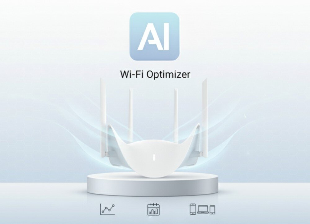 Router D-LINK Aquila Pro AI R36 Biały router na białym podwyższeniu pod ikoną 'AI' z podpisem 'Wi-Fi Optimizer' oraz symbolami wykresu, kalendarza i urządzeń u dołu