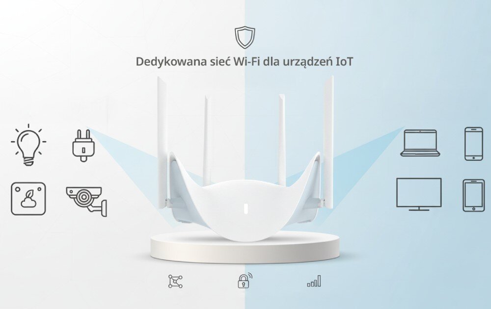 Router D-LINK Aquila Pro AI R36 Centralnie umieszczony biały router z napisem 'Dedykowana sieć Wi-Fi dla urządzeń IoT' oraz ikonami żarówki, wtyczki, kamery i urządzeń mobilnych