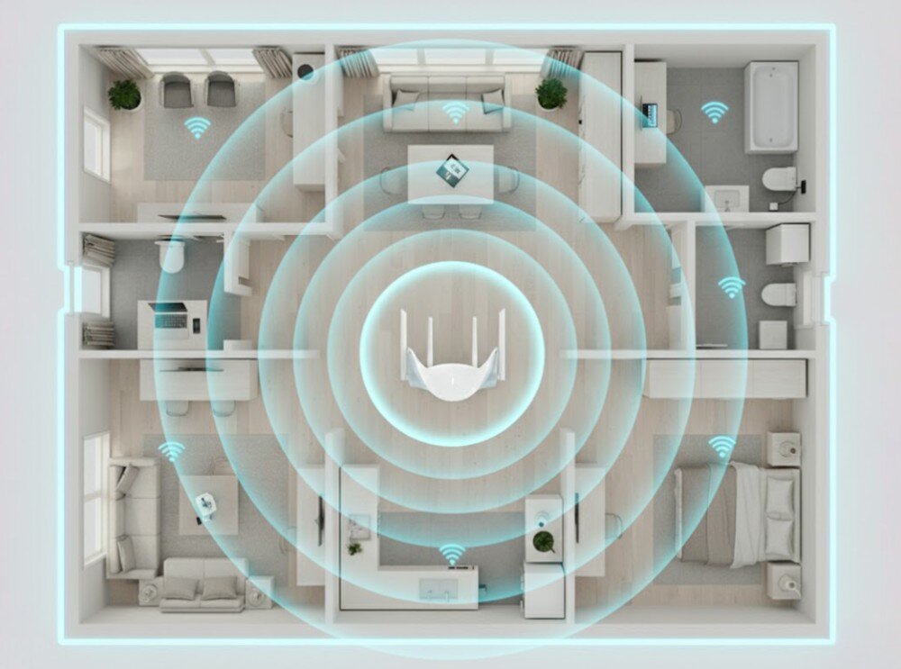 Router D-LINK Aquila Pro AI R36 Widok z góry na model mieszkania z białym routerem w środku, emitującym błękitne fale zasięgu obejmujące wszystkie pomieszczenia