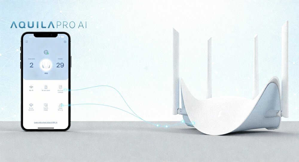 Router D-LINK Aquila Pro AI R36 Smartfon wyświetlający interfejs aplikacji mobilnej obok białego routera, z liniami łączącymi funkcje kontroli rodzicielskiej i priorytetów z urządzeniem
