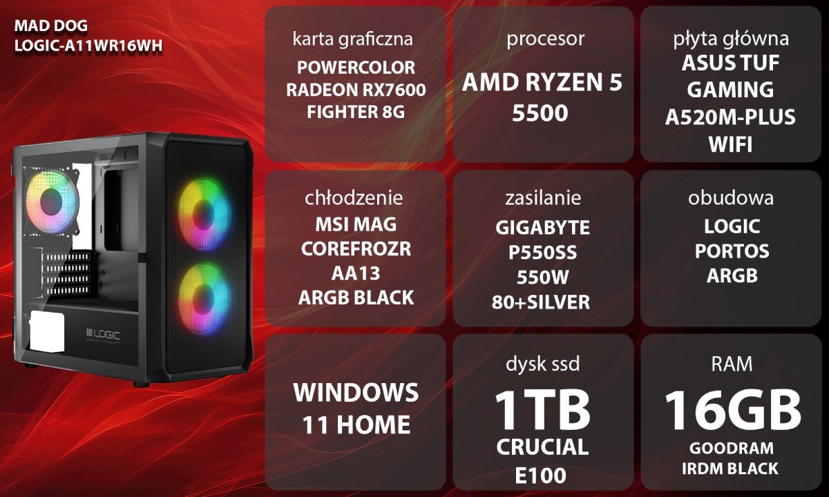 Komputer MAD DOG LOGIC-A11WR16WH Grafika przedstawiająca specyfikację komputera, z podziałem na podzespoły. W lewej części znajduje się model komputera, a obok niego informacje o podzespołach, opis