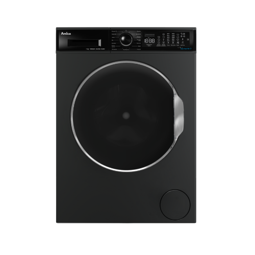 Czarna pralka z dużym okrągłym bębnem i panelem sterowania z wyświetlaczem cyfrowym. Na panelu widoczne są przyciski i pokrętło, a także logo \'Amica\'.