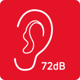 Czerwony kwadrat z białym konturem ucha i napisem \'72dB\'.