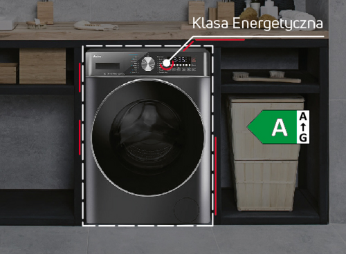 Pralka w zabudowie z widocznym panelem sterowania i dużym okrągłym bębnem. Obok pralki znajduje się oznaczenie klasy energetycznej A oraz napis \'Klasa Energetyczna\'.