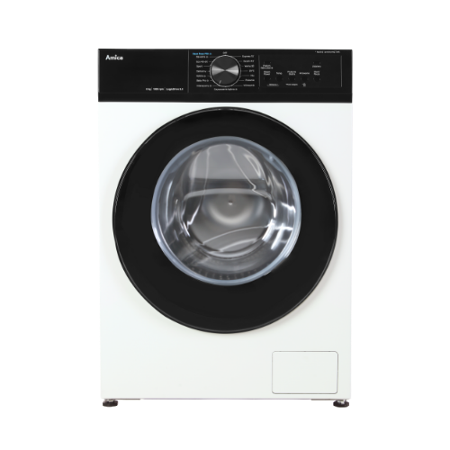 Pralka w kolorze białym z czarnym panelem sterowania i dużym okrągłym oknem na drzwiach. Na panelu widoczne są pokrętła i przyciski oraz logo Amica.
