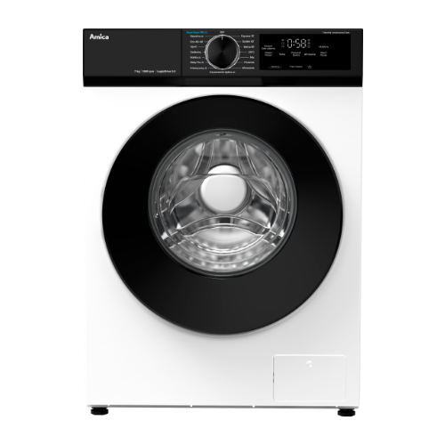 Pralka w kolorze białym z czarnym panelem sterowania i dużym okrągłym oknem bębna. Na panelu widoczne jest logo \'Amica\' oraz wyświetlacz z czasem \'0:58\'.