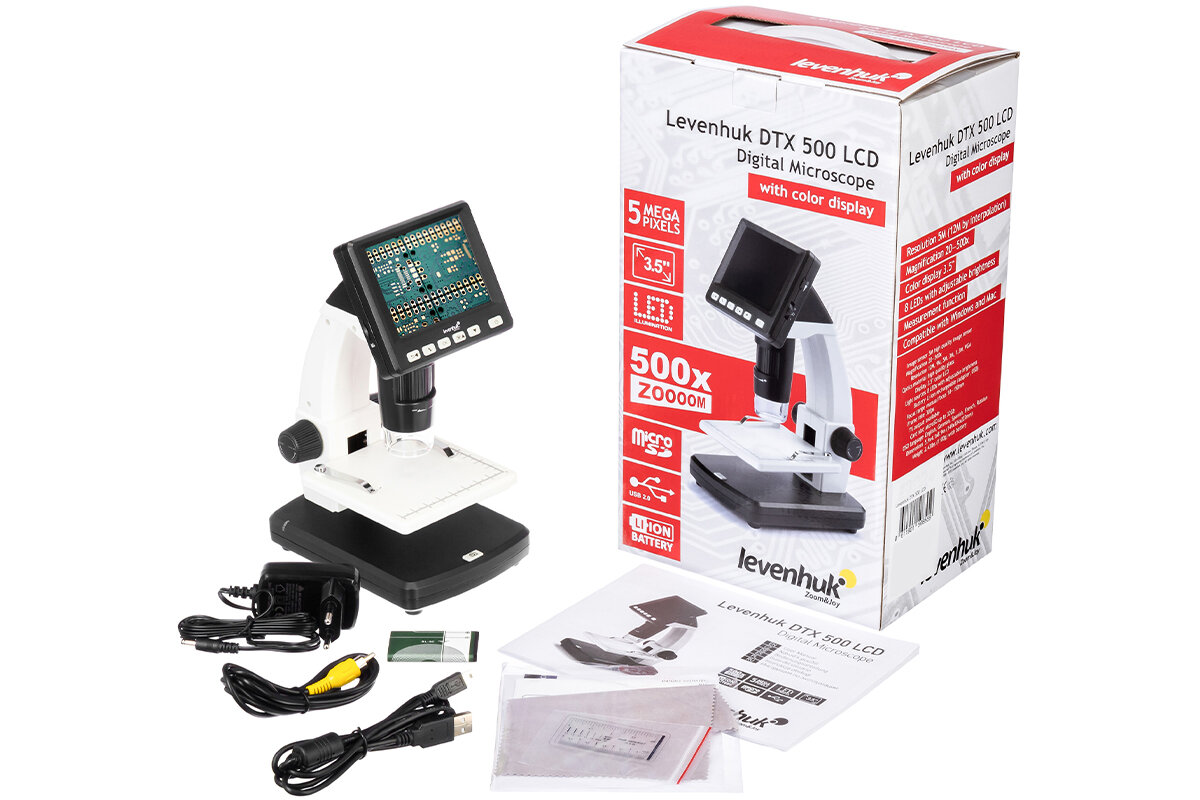 Mikroskop cyfrowy LEVENHUK DTX 500 LCD zestaw akcesoria kabel USB AV oprogramowanie