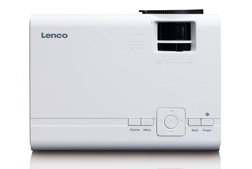 Projektor LENCO LPJ-280WH WVGA 800 x 480 2800 ANSI lumen projekcja 1-5 m 100 cali korekcja trapezowa pionowa, projektor od góry na białym tle