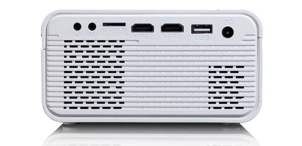 Projektor LENCO LPJ-280WH WVGA 800 x 480 2800 ANSI lumen 2x HDMI USB Micro SD VGA AV MHL wyjście słuchawkowe 3,5 mm,tył projektora na białym tle