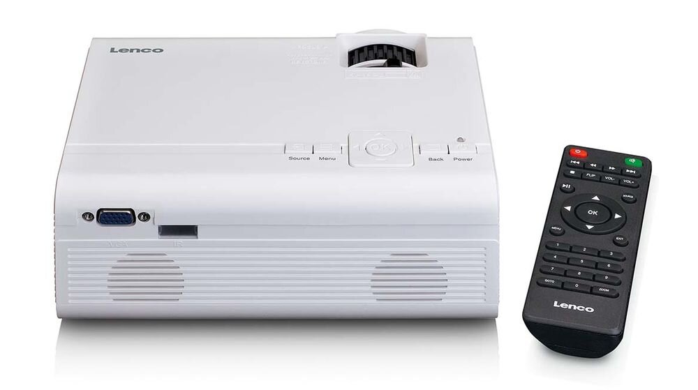 Projektor LENCO LPJ-280WH WVGA 800 x 480 2800 ANSI lumen kompaktowe wymiary 8,2x20,3x15 cm 880 g montaż sufitowy, projektor od tyłu wraz z pilotem na białym tle