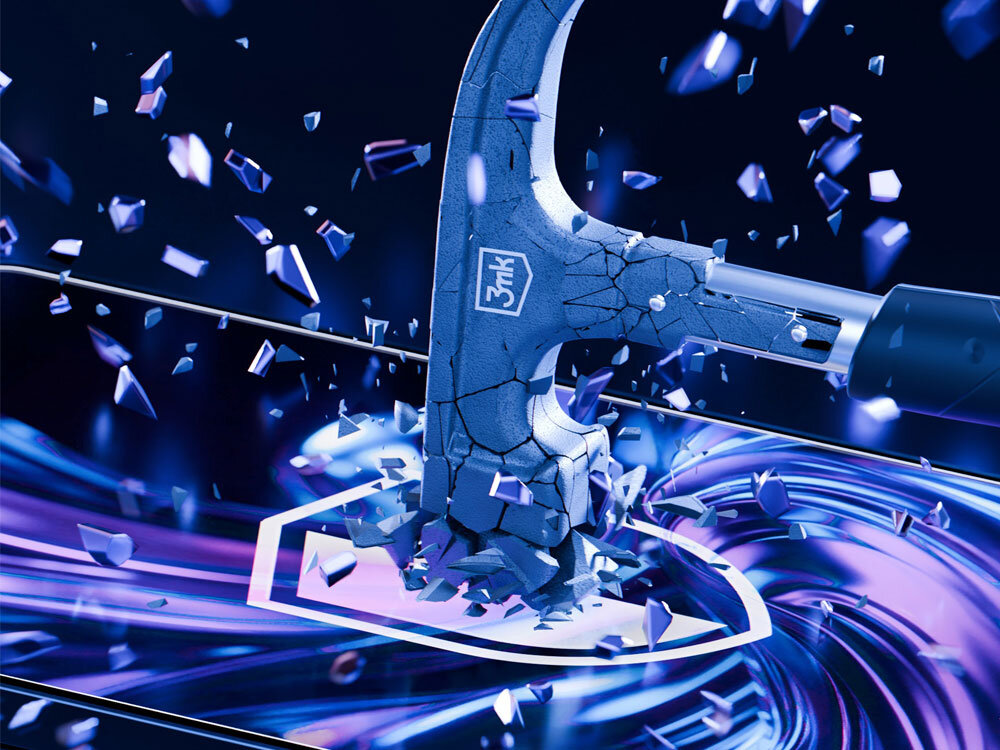 3MK Hardy Fusion elastycznych materiałów odporność matrycy wzrasta o 300 procent amortyzuje wstrząsy Zwykłe szkła - młotek nad ekranem zabezpieczonym Hardy Fusion