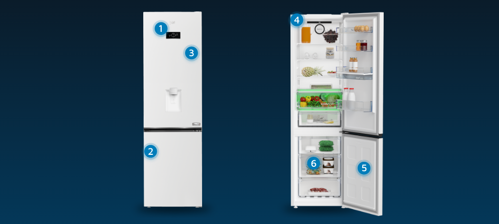 LODÓWKA BEKO B3RCNA404HDW wizualizacja pukty wyróżniki Wyświetlacz elektroniczny Minimalistyczny design wygląd platynowy Oświetlenie Led szuflady mrożenie półka na wino napoje 