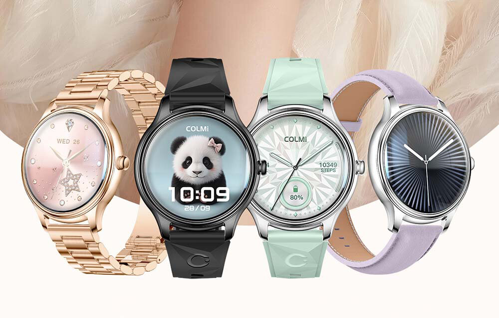 Smartwatch COLMI L28, AMOLED, 466x466, bezramkowy, Always-on, 4 smartwatche w szeregu stoją frontem na wprost