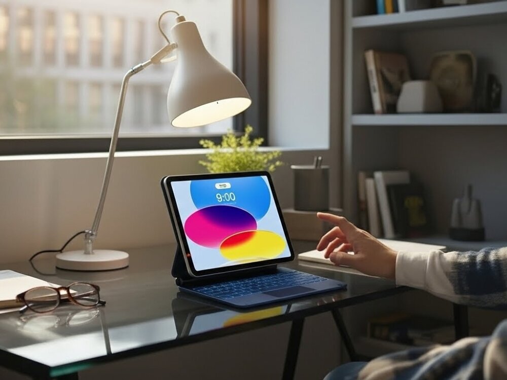 Etui z klawiaturą TYPECASE Edge do iPad, precyzja, gesty, kontrola, intuicyjność, iPad z klawiaturą na biurku w domowym biurze