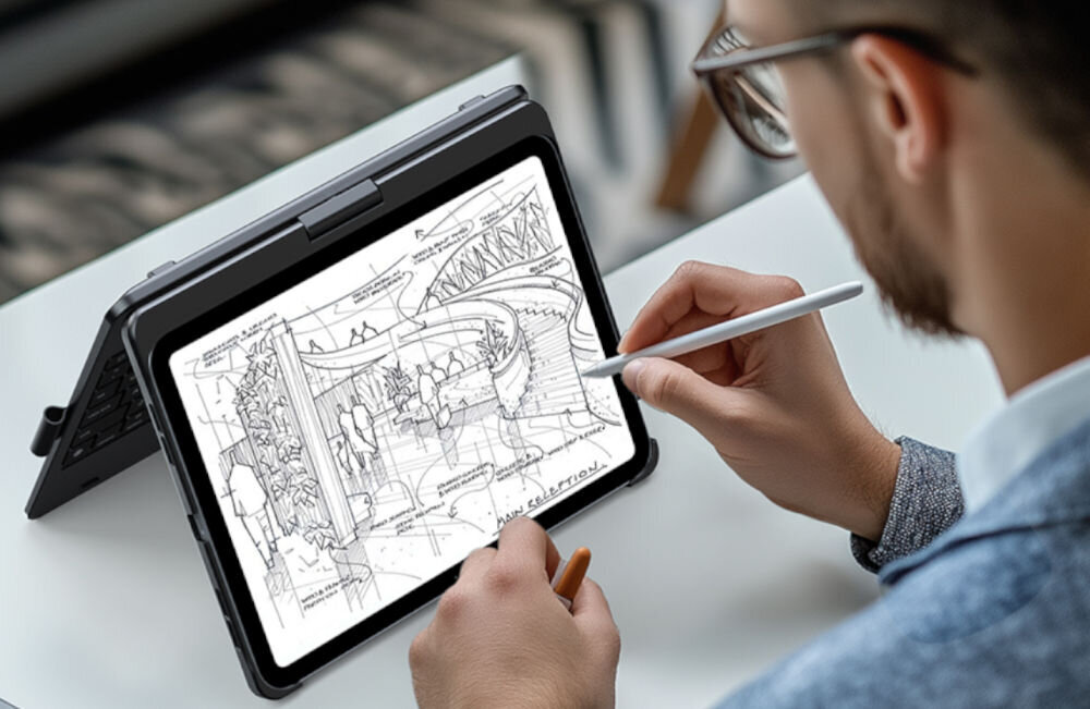 Etui z klawiaturą TYPECASE Flexbook Touch do iPad, bezpieczeństwo, trwałość, wodoodporność, wytrzymałość, Mężczyzna szkicuje na iPadzie w trybie namiotu