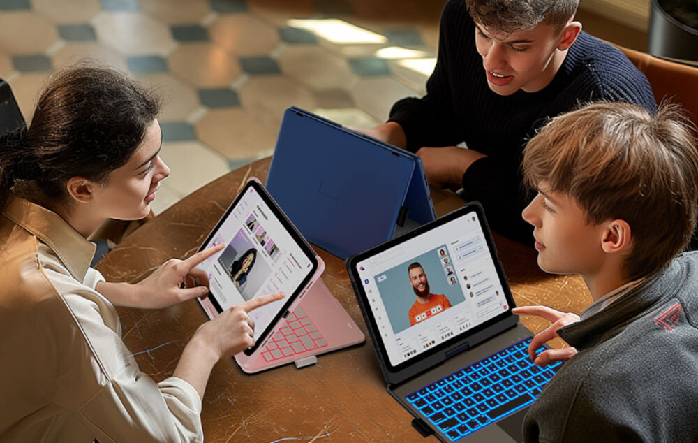 Etui z klawiaturą TYPECASE Flexbook Touch do iPad, wielofunkcyjność, wygoda, mobilność, styl, Trójka studentów pracuje na iPadach z klawiaturą