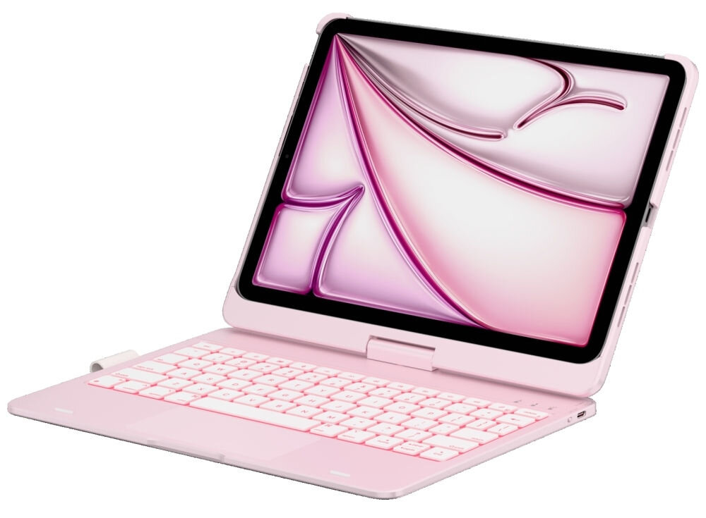 Etui na iPad Air 11 cali TYPECASE Flexbook Touch, Etui Typecase Flexbook Touch z klawiaturą do iPada, obrót 360 stopni, touchpad, podświetlenie RGB, Tablet z klawiaturą i gładzikiem ustawiony pod kątem jak laptop.
