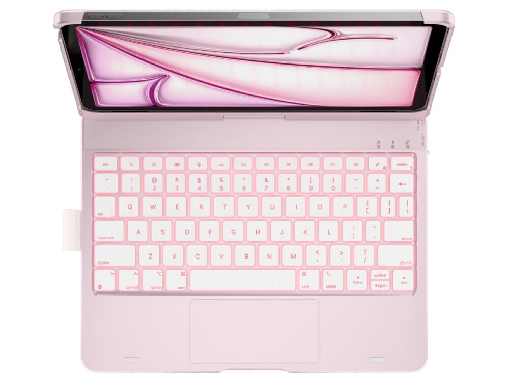Etui na iPad Air 11 cali TYPECASE Flexbook Touch, Etui Typecase Flexbook Touch, klawiatura RGB, duży touchpad, gesty iPadOS, wygodne pisanie, Widok z góry na układ klawiatury z gładzikiem i uchwytem na rysik.