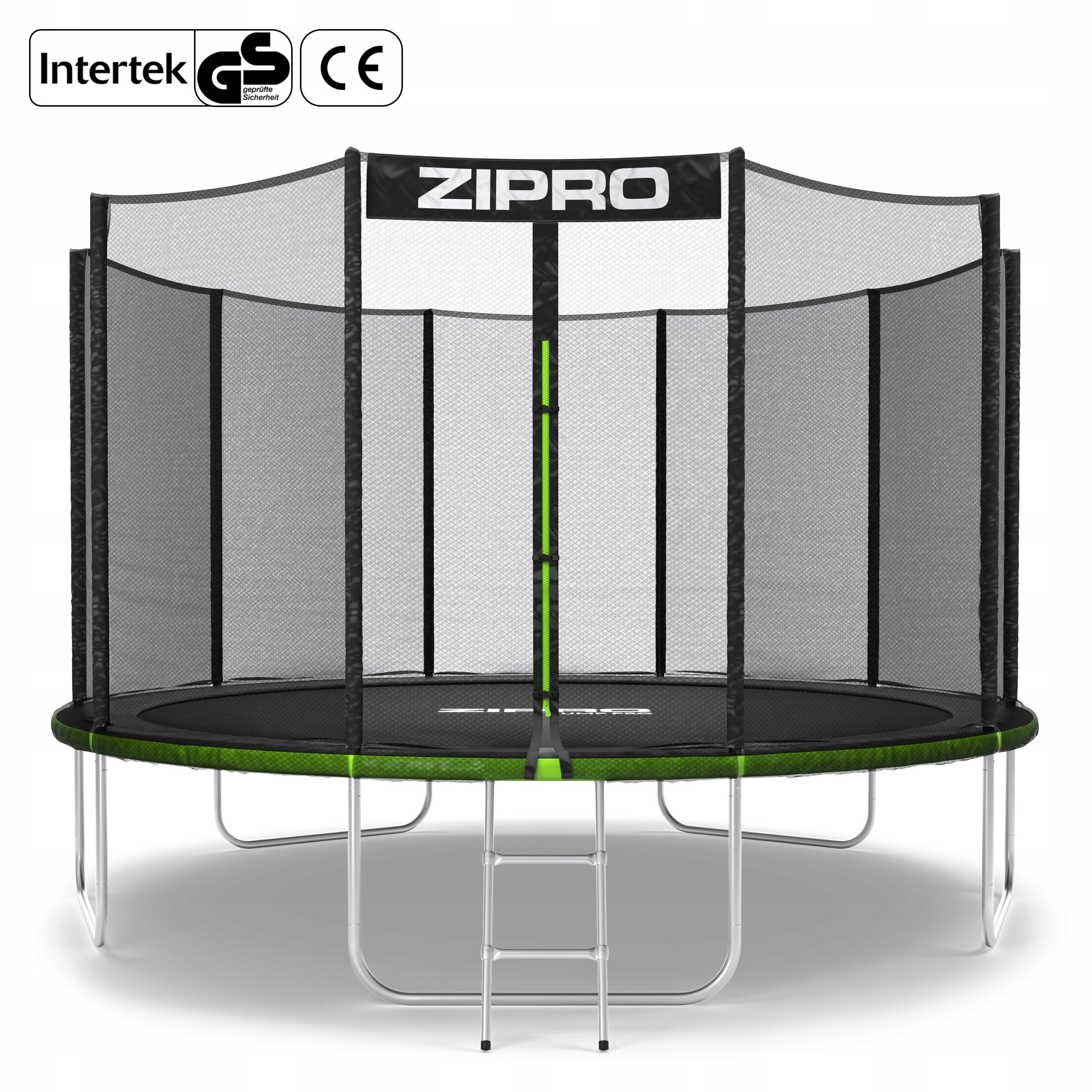 Trampolina ogrodowa z siatką zewnętrzną i drabinką, oznaczona logo ZIPRO. Widoczne są certyfikaty Intertek GS i CE.