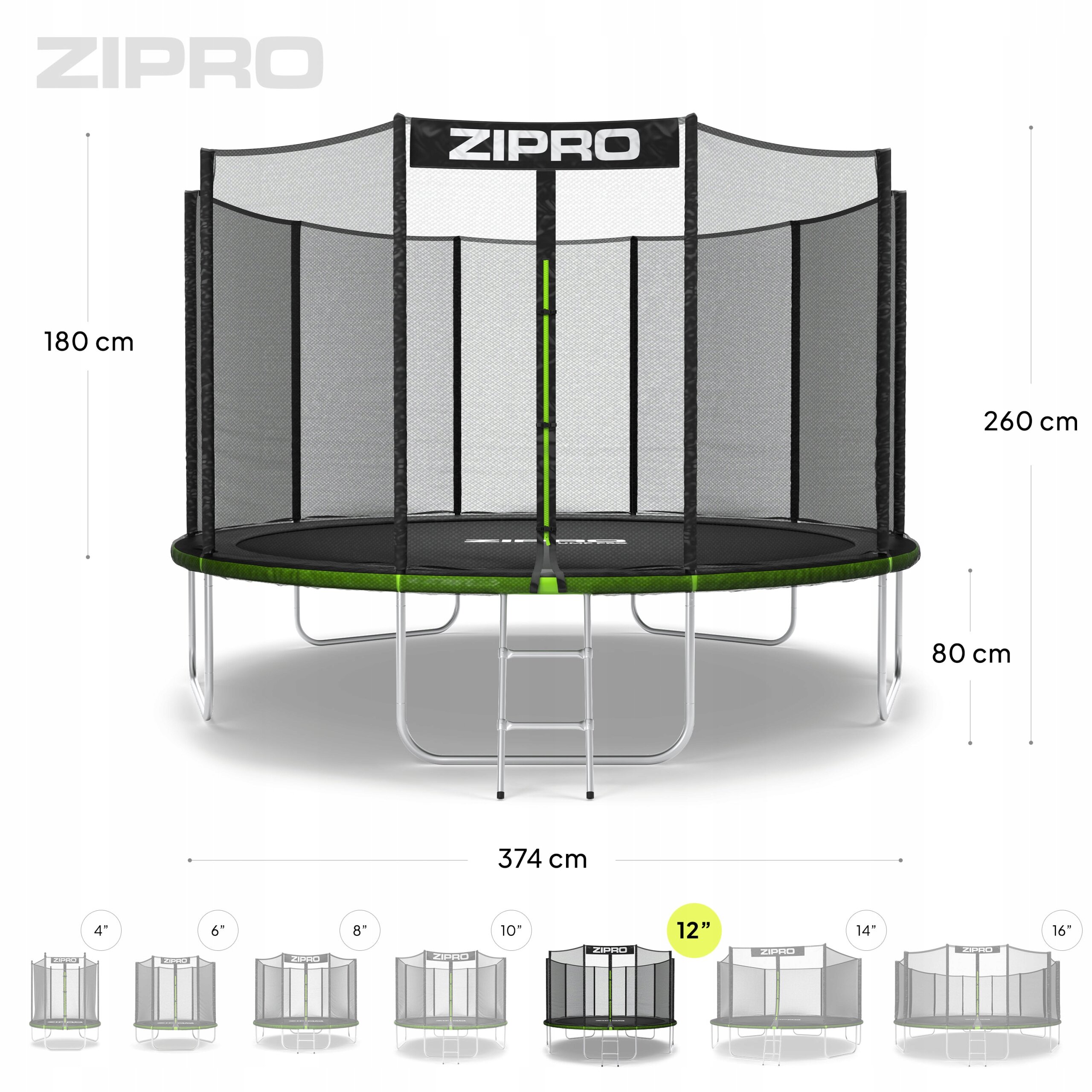 Obraz przedstawia trampolinę ogrodową z siatką zewnętrzną i drabinką, o średnicy 374 cm i wysokości 260 cm. Na siatce widoczne jest logo \'ZIPRO\'.