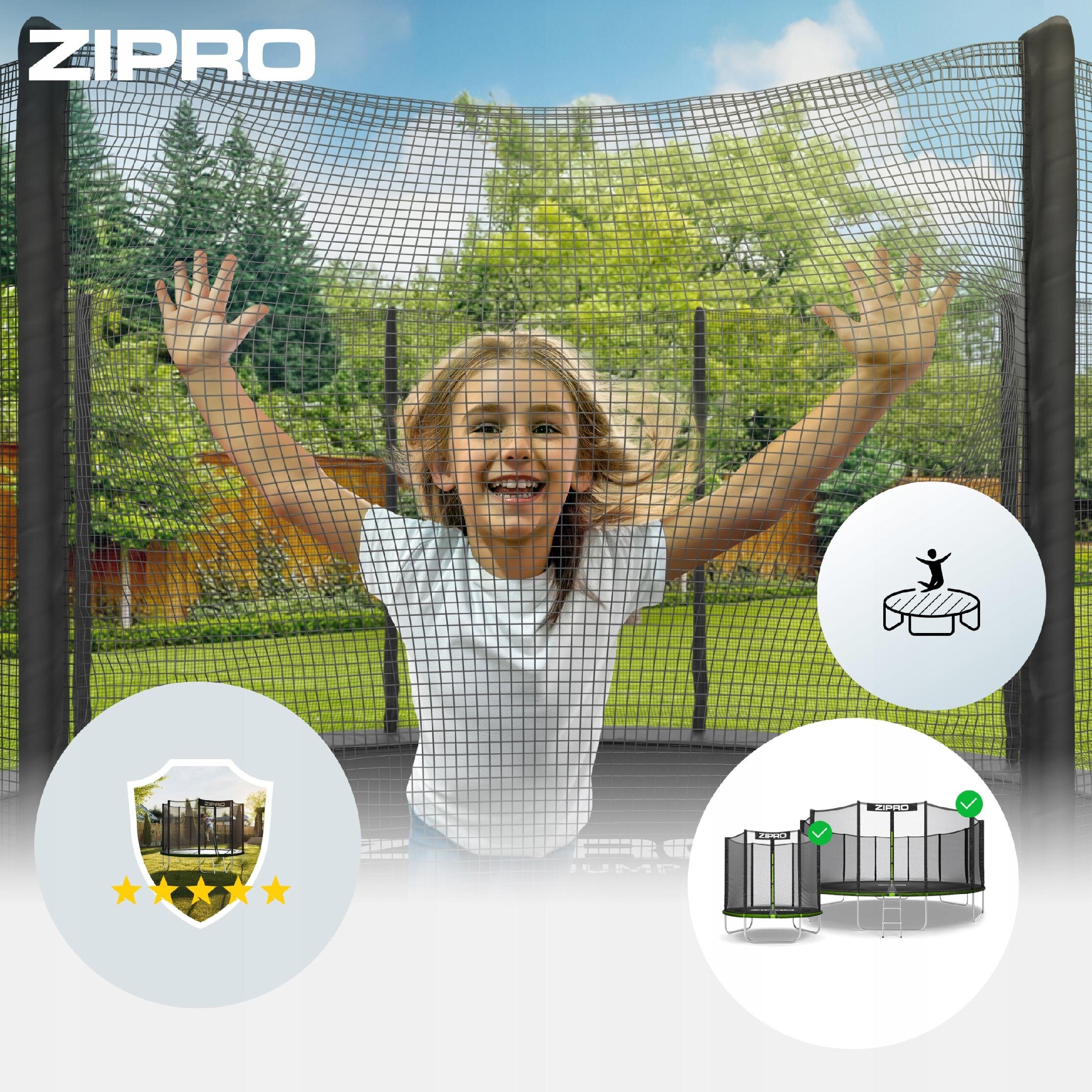 Na obrazie widoczna jest trampolina ogrodowa z siatką, na której bawi się dziecko. W lewym górnym rogu znajduje się logo \'ZIPRO\'.