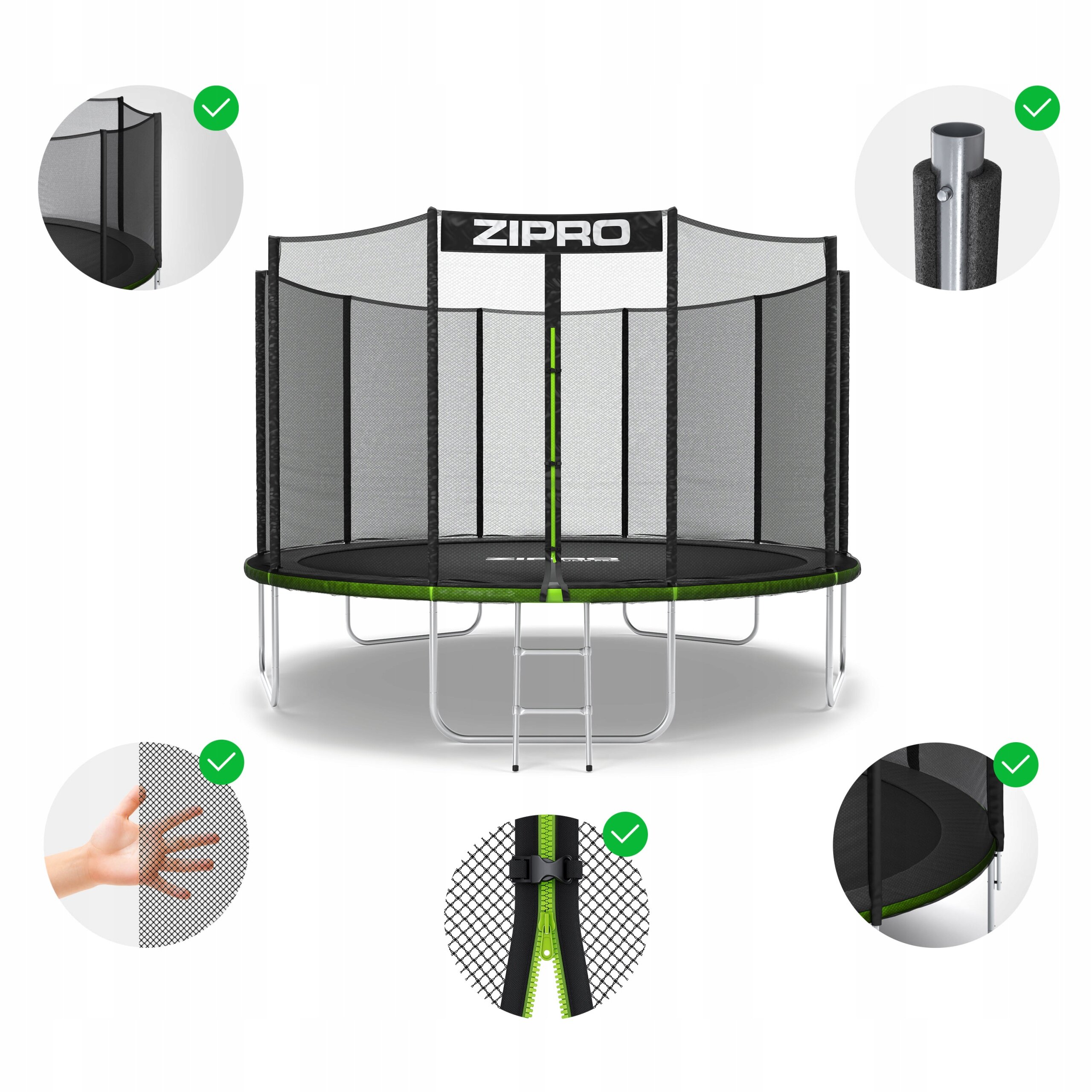 Trampolina ogrodowa z siatką zewnętrzną i drabinką, oznaczona logo ZIPRO. Wokół trampoliny znajdują się powiększone fragmenty siatki, zapięcia i konstrukcji.