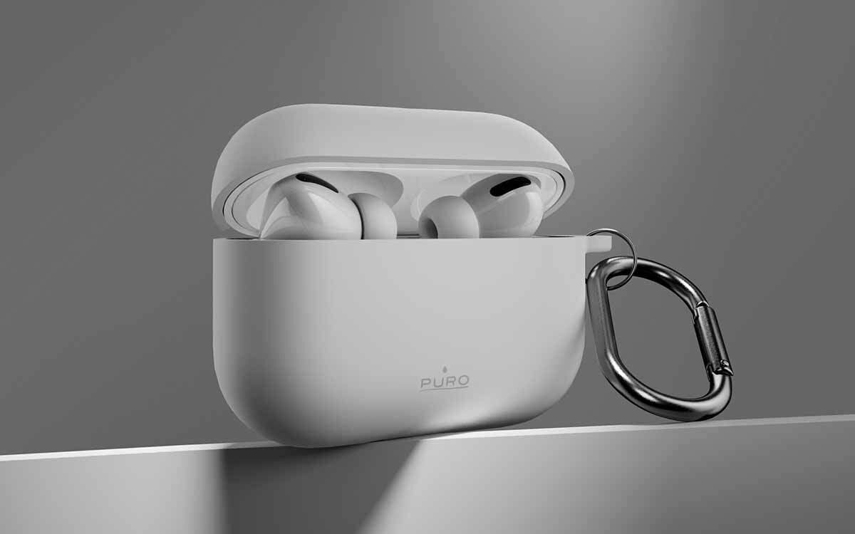 Etui na słuchawki PURO Icon Air do Apple AirPods Pro 3 silikonowe etui elastyczny materiał pewny chwyt ochrona powierzchni, etui na słuchawki po skosie na szarym tle