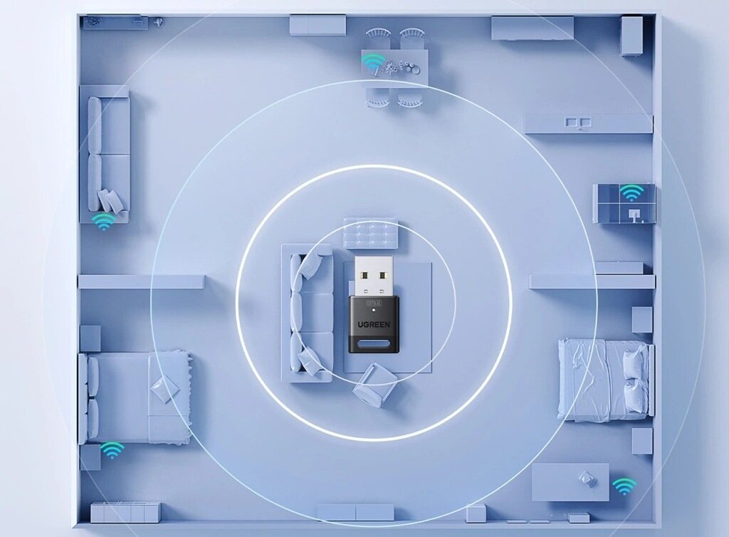 Adapter Bluetooth UGREEN 75073 obsługa wielu urządzeń jednocześnie klawiatura mysz słuchawki