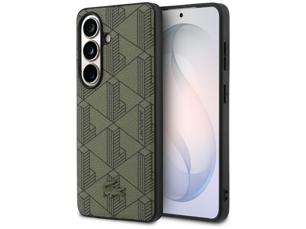 Etui Lacoste Monogram The Blend Samsung Galaxy S26 - eleganckie, skóra ekologiczna, MagSafe Zielone etui Lacoste z geometrycznym wzorem na telefonie Samsung Galaxy S24 widziane pod kątem z przodu i z tyłu.