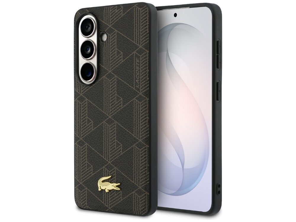 Etui Lacoste PVC Monogram The Blend Samsung Galaxy S26 - eleganckie, MagSafe Brązowe etui Lacoste z geometrycznym wzorem na telefonie Samsung Galaxy S24 widziane pod kątem z przodu i z tyłu.