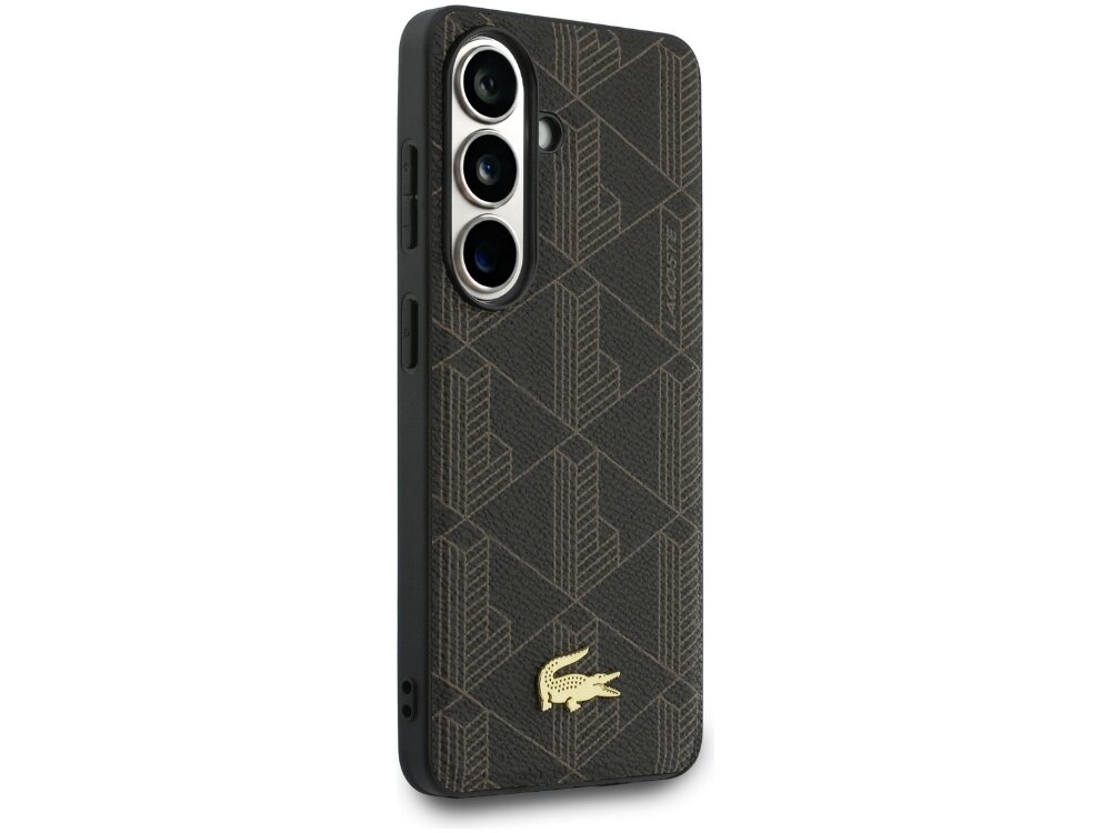 Etui Lacoste PVC Monogram The Blend Samsung Galaxy S26 - monogram, krokodyl, elegancja Tył etui Lacoste w kolorze brązowym z logo krokodyla i wzorem monogramu na telefonie Samsung Galaxy S24.