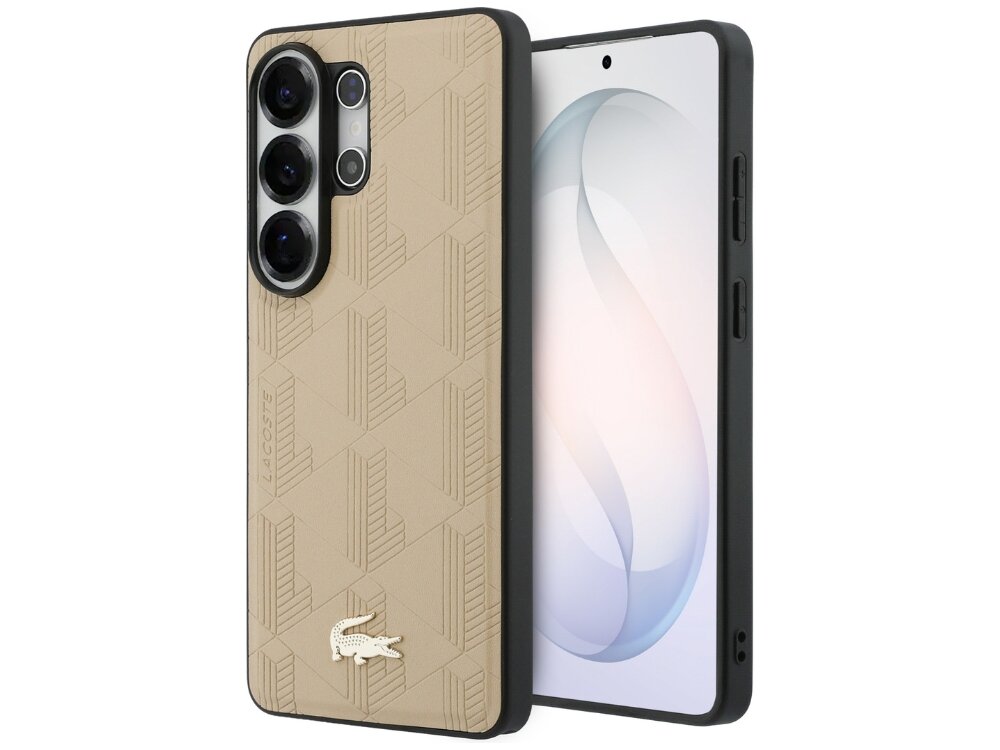 Etui Lacoste Nomograme Gold Logo Samsung Galaxy S26 - eleganckie, tłoczony monogram, MagSafe Beżowy case Lacoste do Samsung Galaxy S24 z geometrycznym wzorem, srebrną ramką aparatu i złotym logo krokodyla.