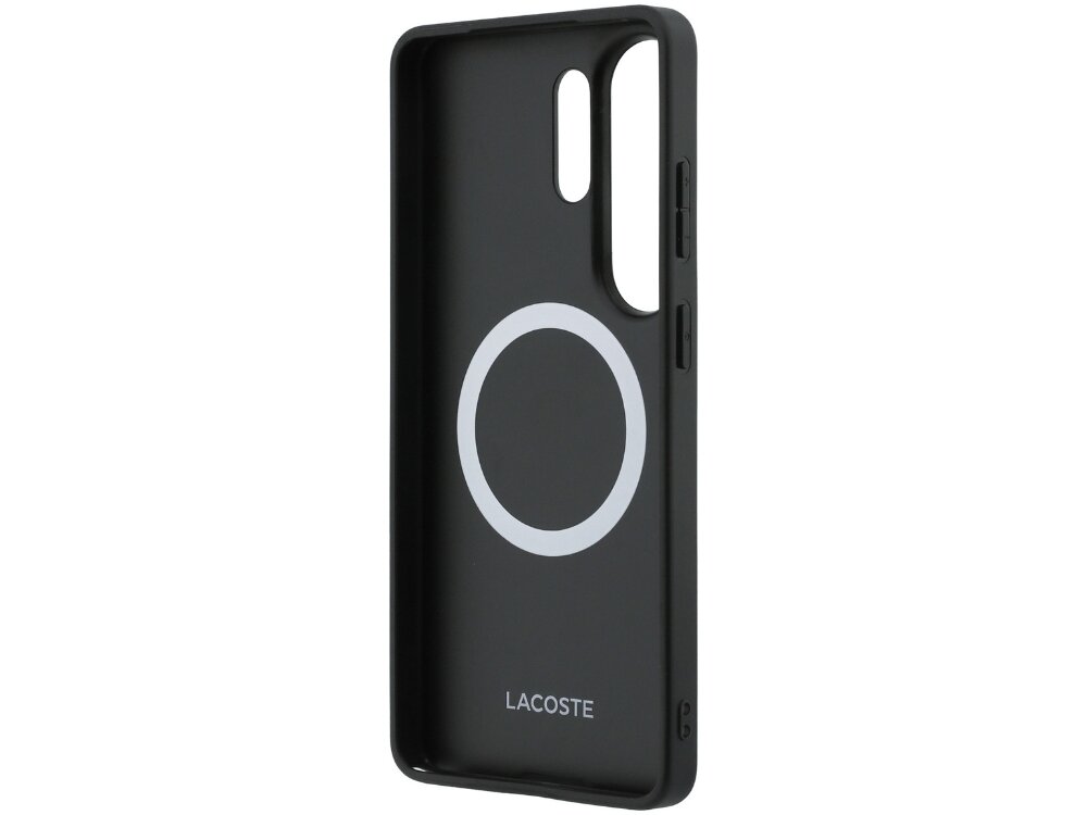 Etui Lacoste Nomograme Gold Logo Samsung Galaxy S26 - elastyczne, wytrzymałe, MagSafe Wnętrze beżowego etui Lacoste z widocznym białym pierścieniem magnetycznym MagSafe oraz logotypem marki na dole.