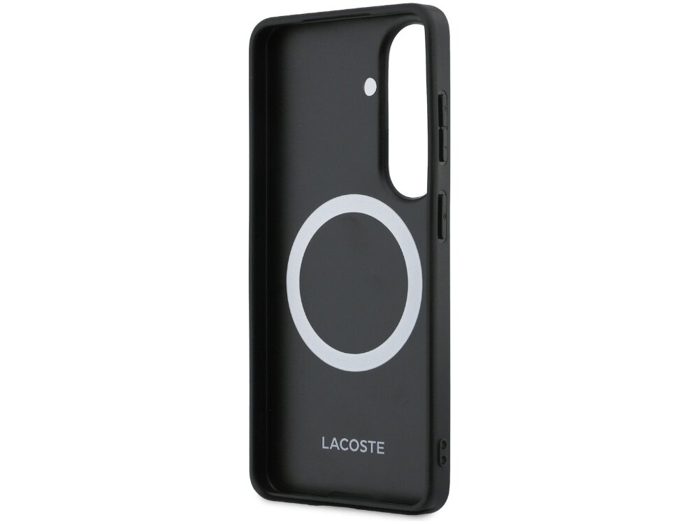 Etui Lacoste Monogram The Blend Samsung Galaxy S26 - wytrzymałe, elastyczne, MagSafe Wnętrze brązowego etui na telefon z widocznym białym pierścieniem magnetycznym MagSafe i napisem Lacoste.