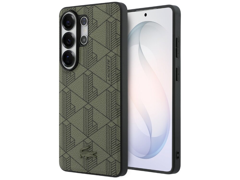 Etui Lacoste PVC Monogram The Blend Samsung Galaxy S26 - eleganckie, skóra ekologiczna, MagSafe Zielone etui Lacoste z geometrycznym wzorem na telefonie Samsung Galaxy S24 widziane pod kątem z przodu i z tyłu.