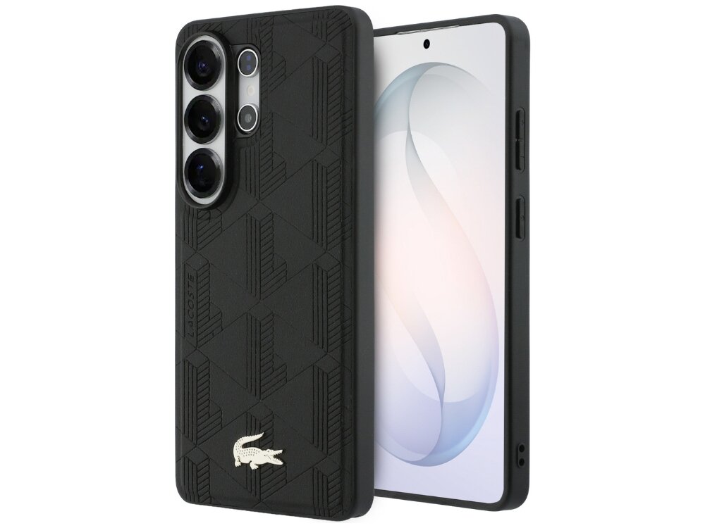 Etui Lacoste Nomograme Gold Logo Samsung Galaxy S26 - eleganckie, tłoczony monogram, MagSafe Czarny case Lacoste do Samsung Galaxy S24 z geometrycznym wzorem, srebrną ramką aparatu i złotym logo krokodyla.