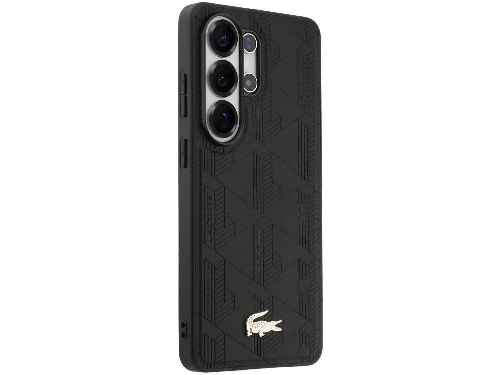 Etui Lacoste Nomograme Gold Logo Samsung Galaxy S26 - tłoczony monogram, krokodyl, luksus Tył etui Lacoste w kolorze czarnym z wytłaczanym motywem trójkątów, metalowym logo krokodyla i precyzyjnym wycięciem na trzy obiektywy.