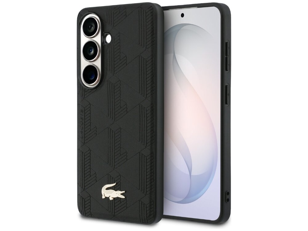 Etui Lacoste Nomograme Gold Logo Samsung Galaxy S26 - eleganckie, tłoczony monogram, MagSafe Czarny case Lacoste do Samsung Galaxy S24 z geometrycznym wzorem, srebrną ramką aparatu i złotym logo krokodyla.
